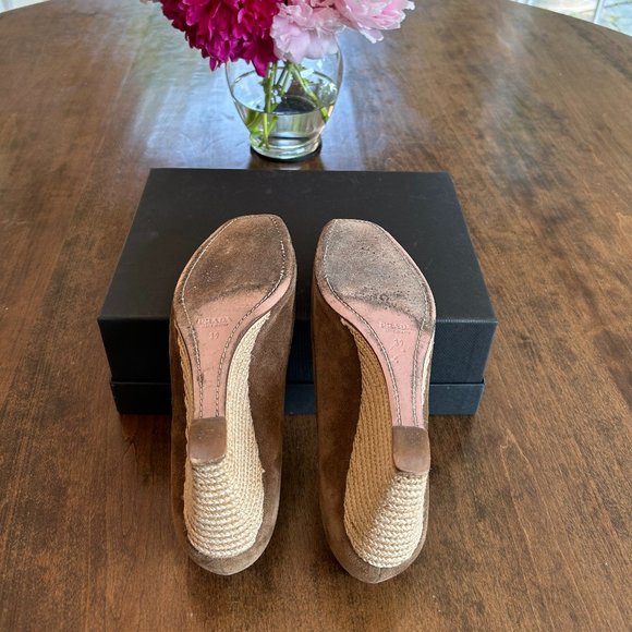 Prada Peep Toe Espadrille Wedges Brown Suede Size 39 / 9 - Picture 4 of 4
